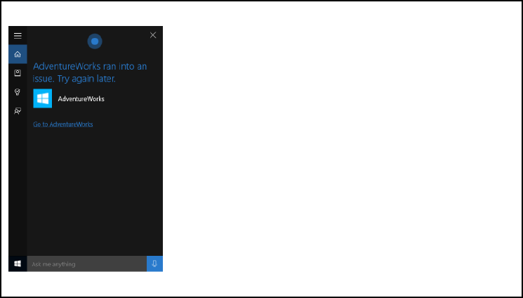Screenshot of the Cortana canvas for end to end Cortana background app flow using AdventureWorks cancel trip error