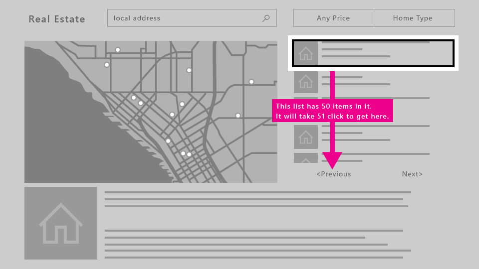 Fastighetsapp: listan med 50 objekt tar 51 klick för att nå knapparna nedan