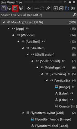 Skärmbild av Visual Studio Live Visual Tree med visningslayoutens utsmyckningar i alternativet Program som körs aktiverat.