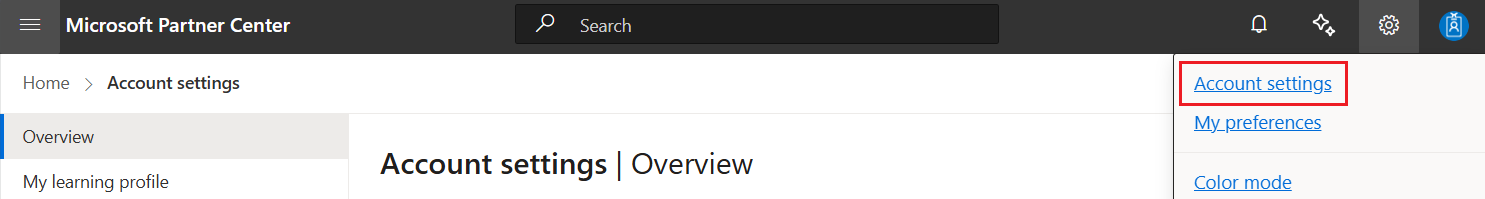 Skärmbild som visar alternativet Kontoinställningar på Gear-menyn i Microsoft PartnerCenter.