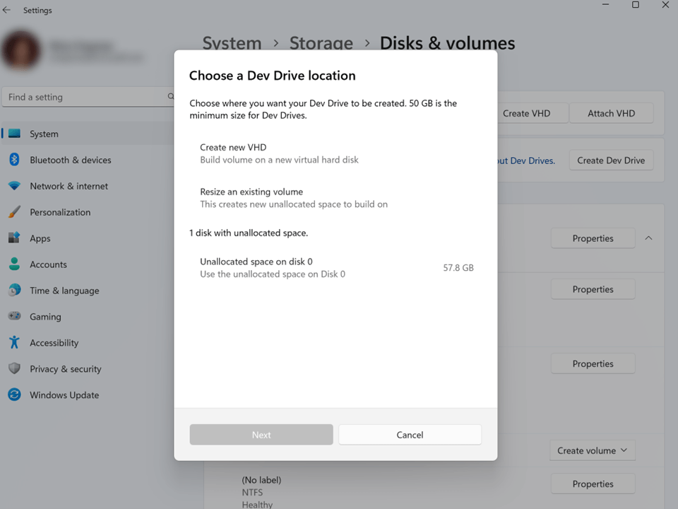 Skärmbild av skapa utvecklingsenhet