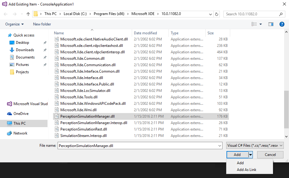 Lägg till PerceptionSimulationManager.dll i projektet som en länk