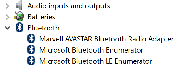 Skärmbild av ett exempel Enhetshanteraren. Adaptern är Bluetooth-radion.