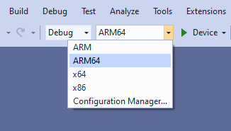 ARM64-byggkonfiguration i Visual Studio
