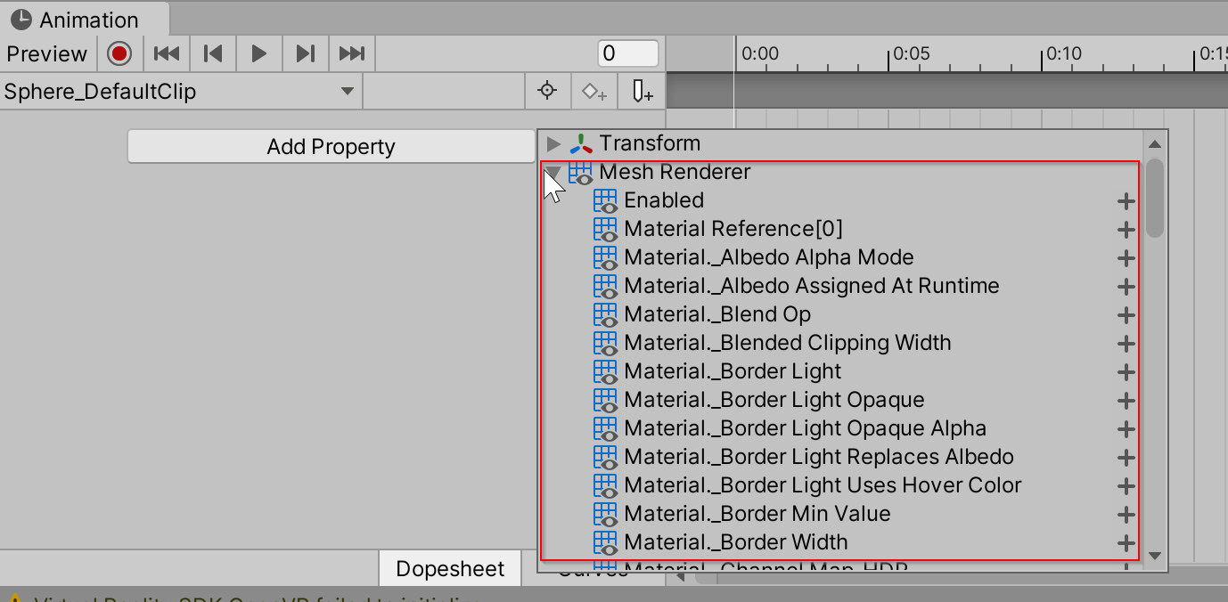 Animeringsegenskaper för mesh-renderare i Animator-fönstret