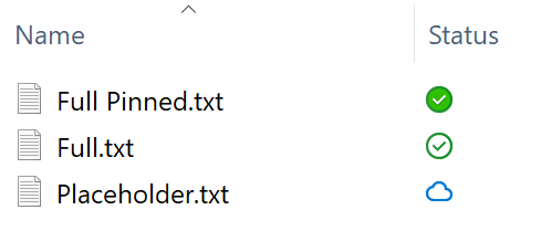 Exempel på tre filtillstånd i Utforskaren