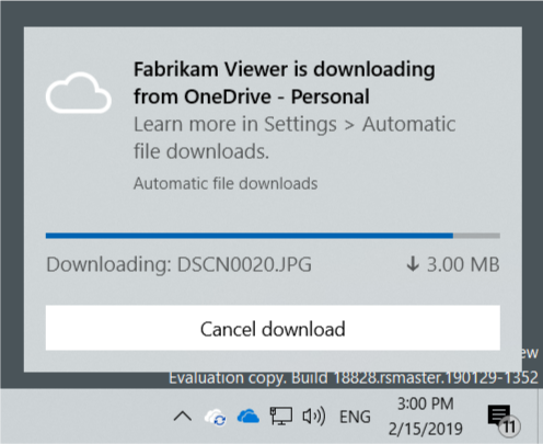 Exempel på ett interaktivt popup-meddelande som visas för hydrering av bakgrundsfiler