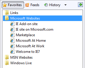 skärmbild av listan med favoriter i Internet Explorer 
