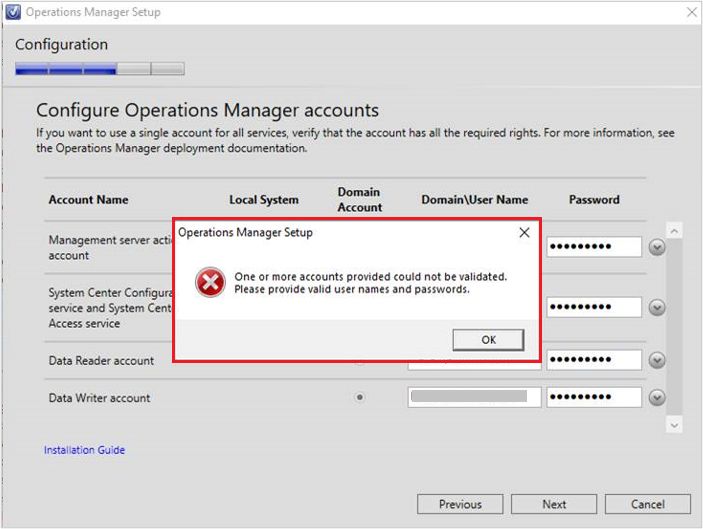 Screenshot of the Error in operations manager setup.