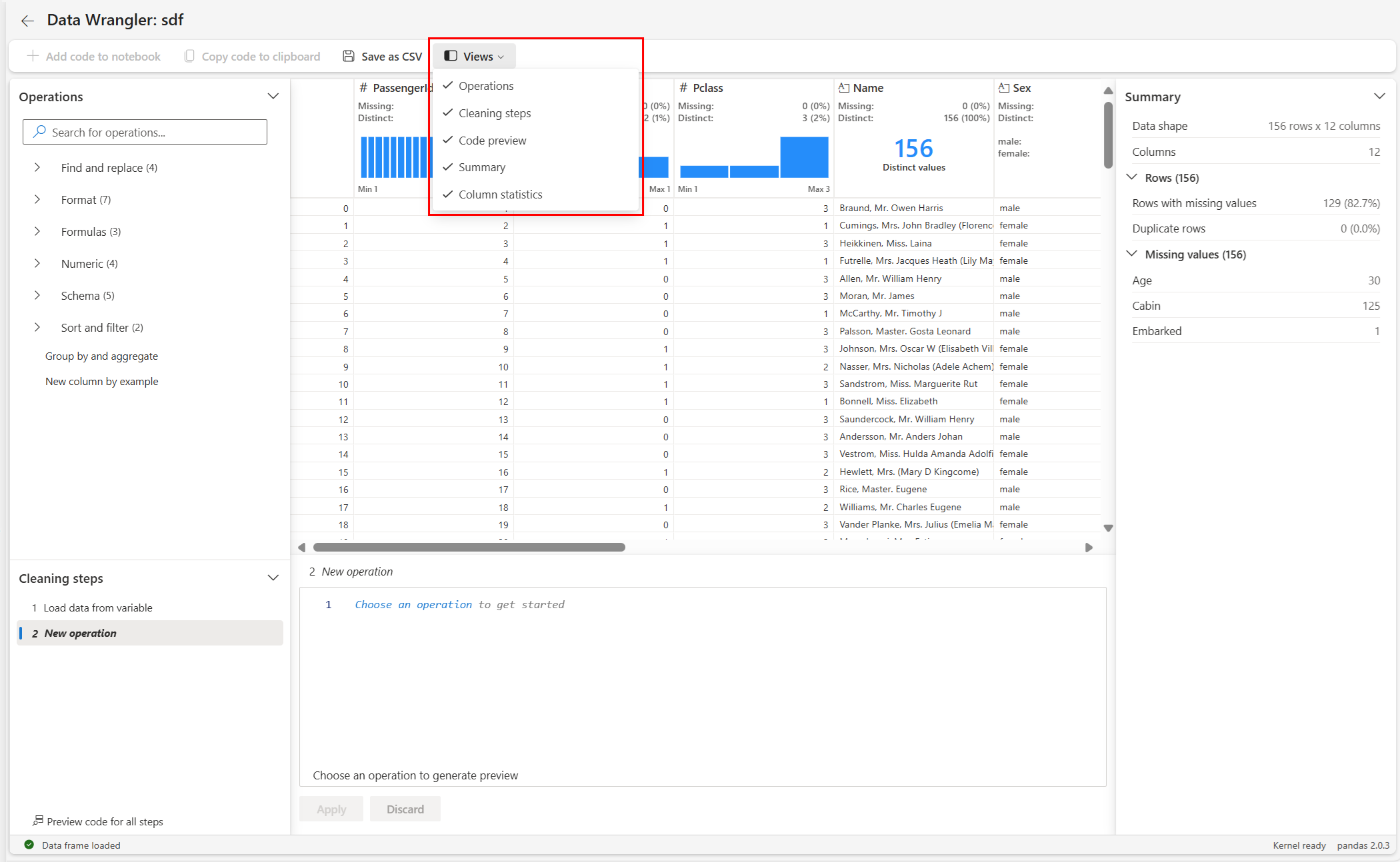 สกรีนช็อตที่แสดงเมนู Data Wrangler สําหรับการกําหนดมุมมองการแสดงผล