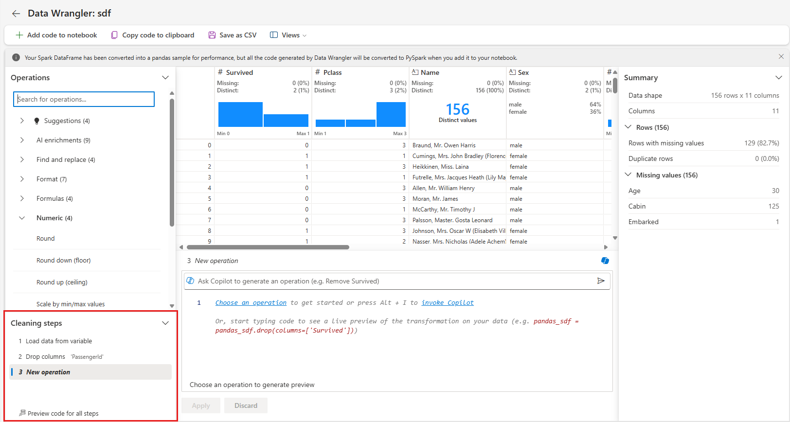 สกรีนช็อตที่แสดงการดําเนินการของ Data Wrangler ที่ใช้