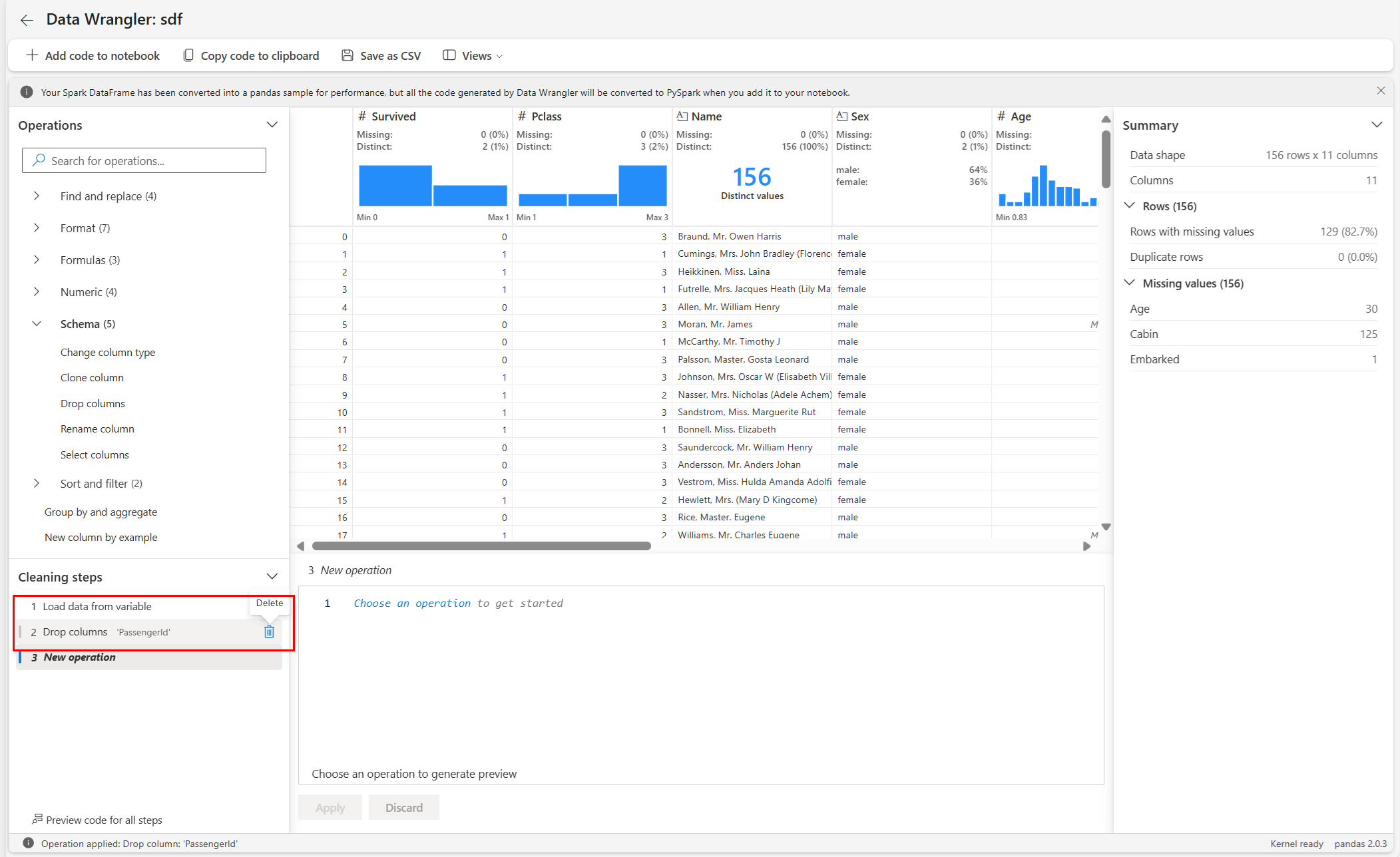 สกรีนช็อตที่แสดงการดําเนินการ Data Wrangler ที่สามารถยกเลิกได้