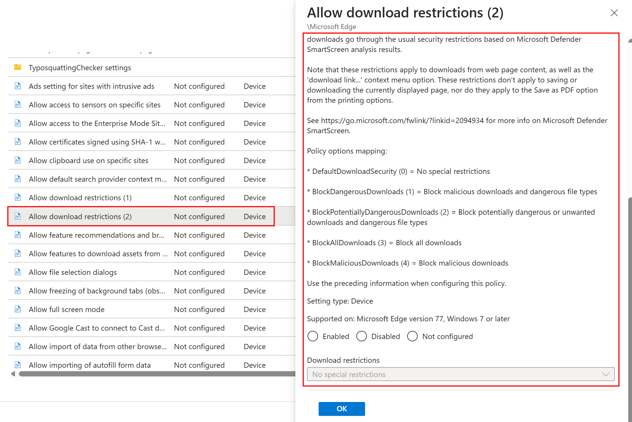 Screenshot of Select Microsoft Edge ADMX template and select a sample setting in Microsoft Intune and Intune admin center.