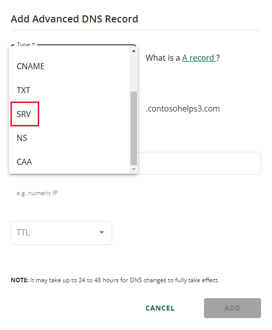 Select SRV from the Type drop-down list.