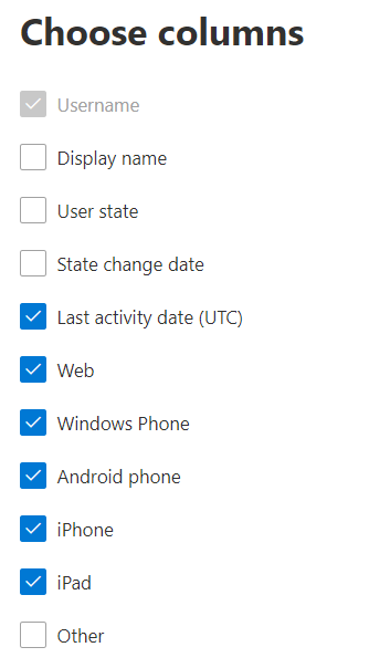 Viva Engage device usage report - choose columns.