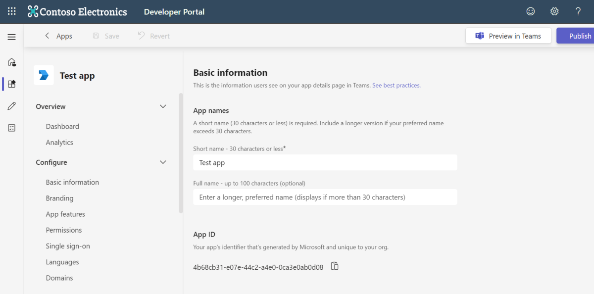 Screenshot shows the basic information of the app you created in Developer Portal for Teams.