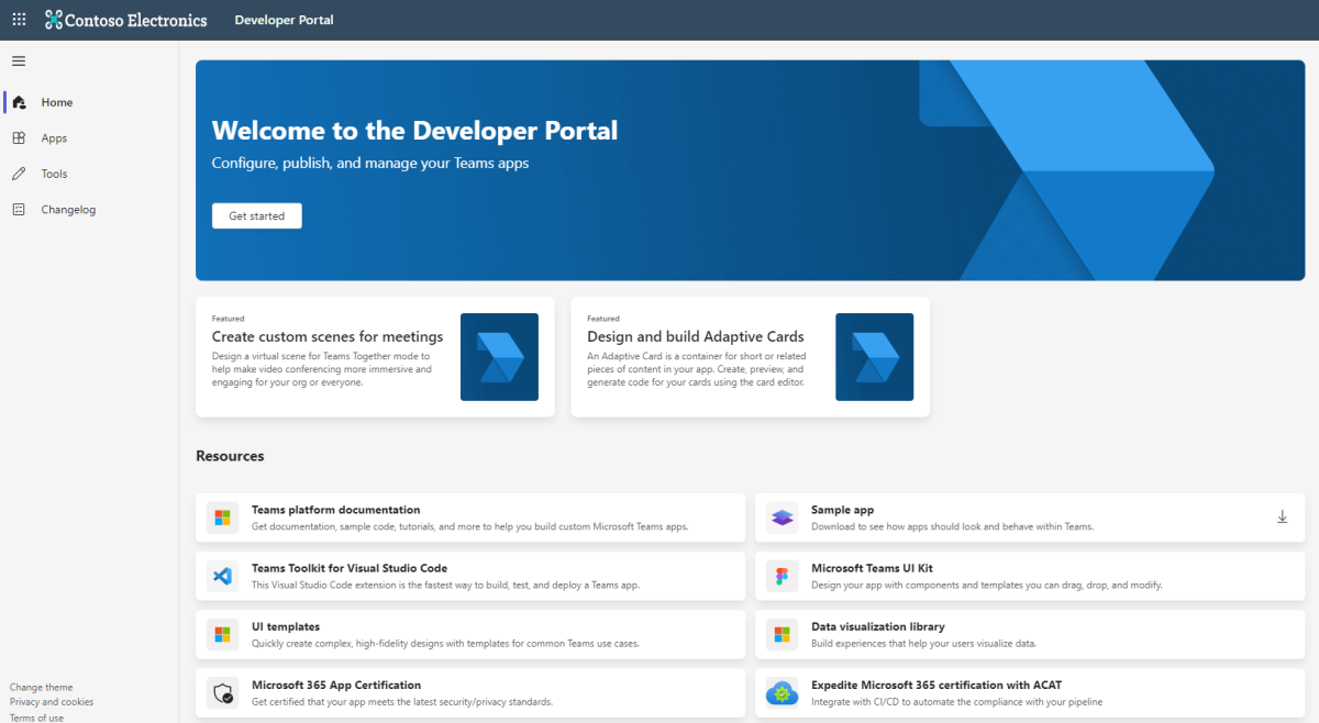 Screenshot shows the home page of Developer Portal for Teams.