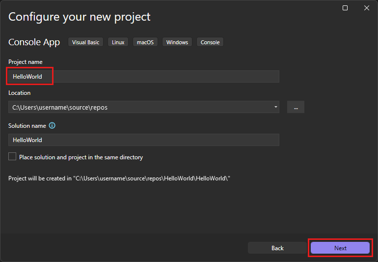 Screenshot of the Configure your new project window with the project name HelloWorld entered.