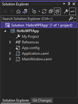 Screenshot showing the files in the HelloWPFApp project and solution in the Solution Explorer in Visual Studio 2022.