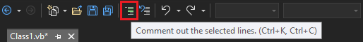 Screenshot of the toolbar with the button for commenting out code highlighted in red.