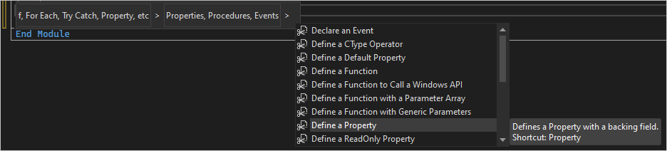 Screenshot of the Visual Basic snippet picker with Define a Property selected under Properties, Procedures, Events.
