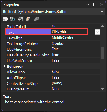 Screenshot shows the Text property with the value Click this.