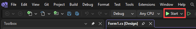 Screenshot that shows the Start button to debug and run the app.