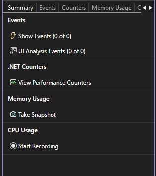 Screenshot of the Diagnostic Tools Summary tab showing the Memory Usage timeline graph and process memory chart.