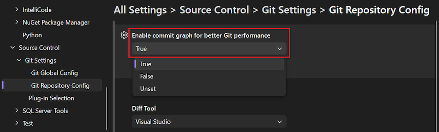 Screenshot that shows the 'Enable commit graph for better Git performance' option for a local repository.
