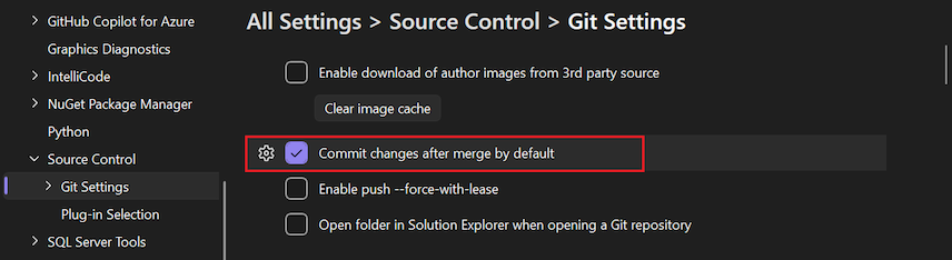 Screenshot of the 'Commit changes after merge by default' option in the Options pane.