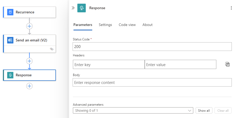 Screenshot shows workflow designer and Response information pane.
