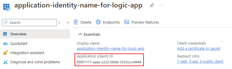 Screenshot shows the application (client) ID highlighted.