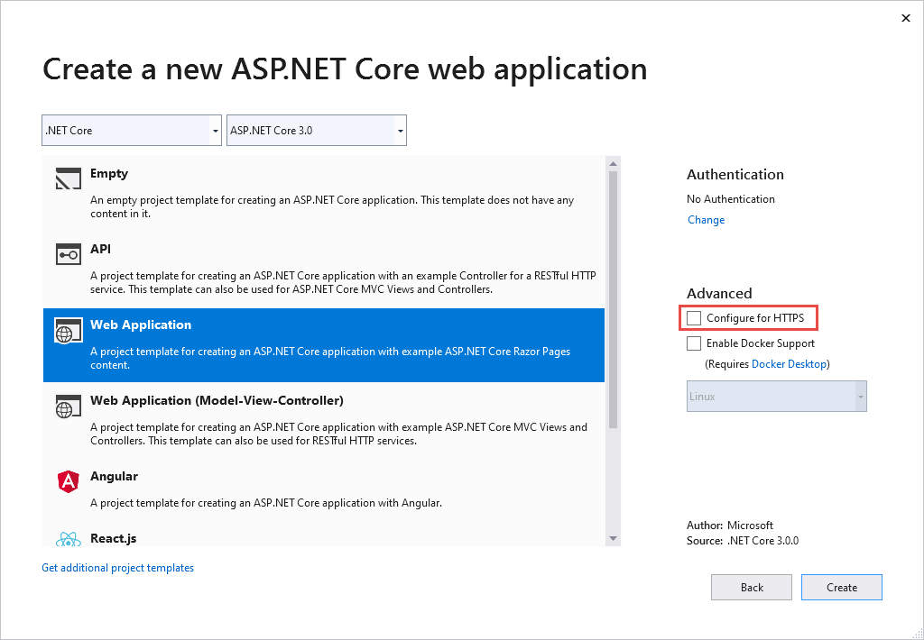 New ASP.NET Core Web Application dialog showing the Configure for HTTPS checkbox unselected.