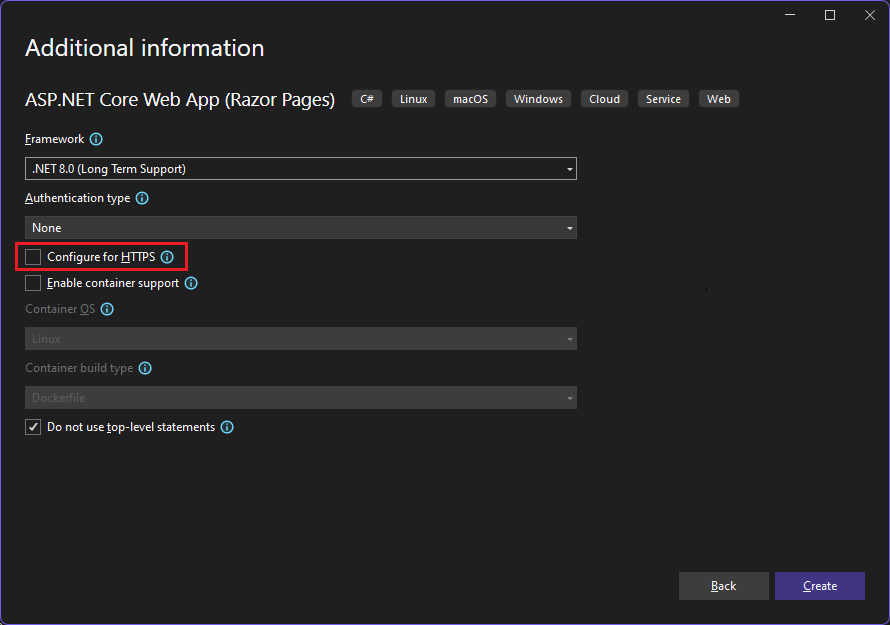 Additional information dialog for New ASP.NET Core Web App template, showing the Configure for HTTPS checkbox