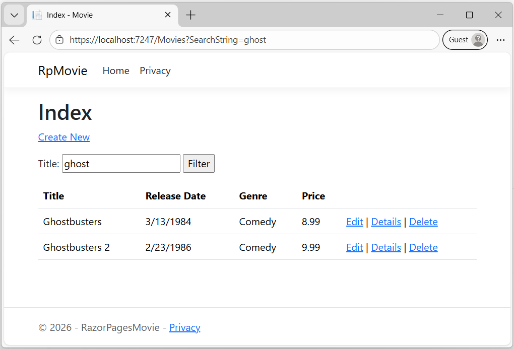 Index view with the word ghost typed into the Title filter textbox.