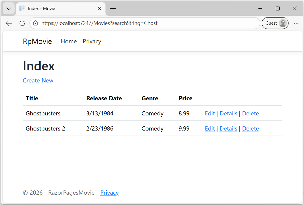 Index view with the search string ghost in the URL and a returned movie list.