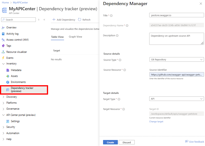 Screenshot of adding a dependency in the portal.
