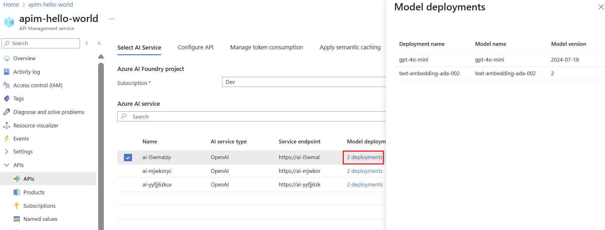Screenshot of deployments for an AI service in the portal.