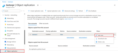 Screenshot showing how to locate the Edit Rules option for existing replication rules.