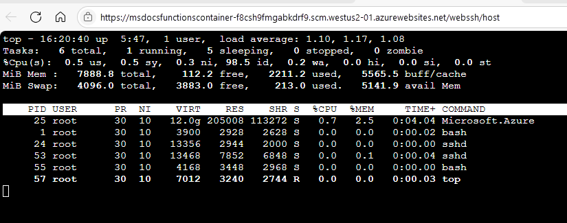 Screenshot that shows Linux top command running in an SSH session.