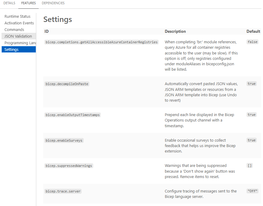 Screenshot of Bicep extension settings.