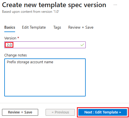 Screenshot of naming the new version and selecting the **Edit template** button.