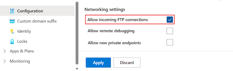 Screenshot that shows how to enable FTP access for an App Service Environment in the Azure portal.