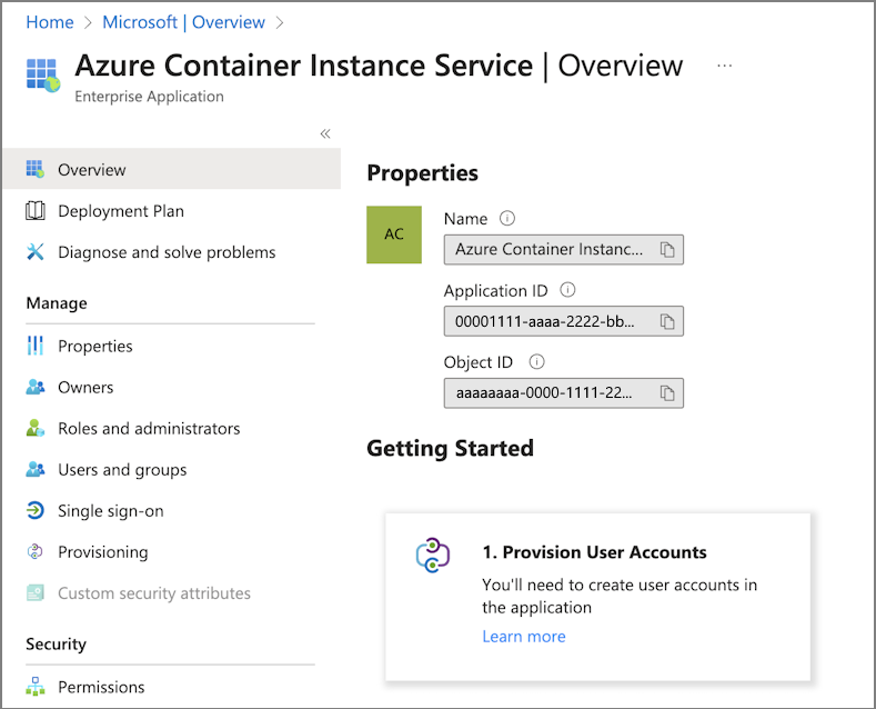 Screenshot of Azure Container Instance Service details.