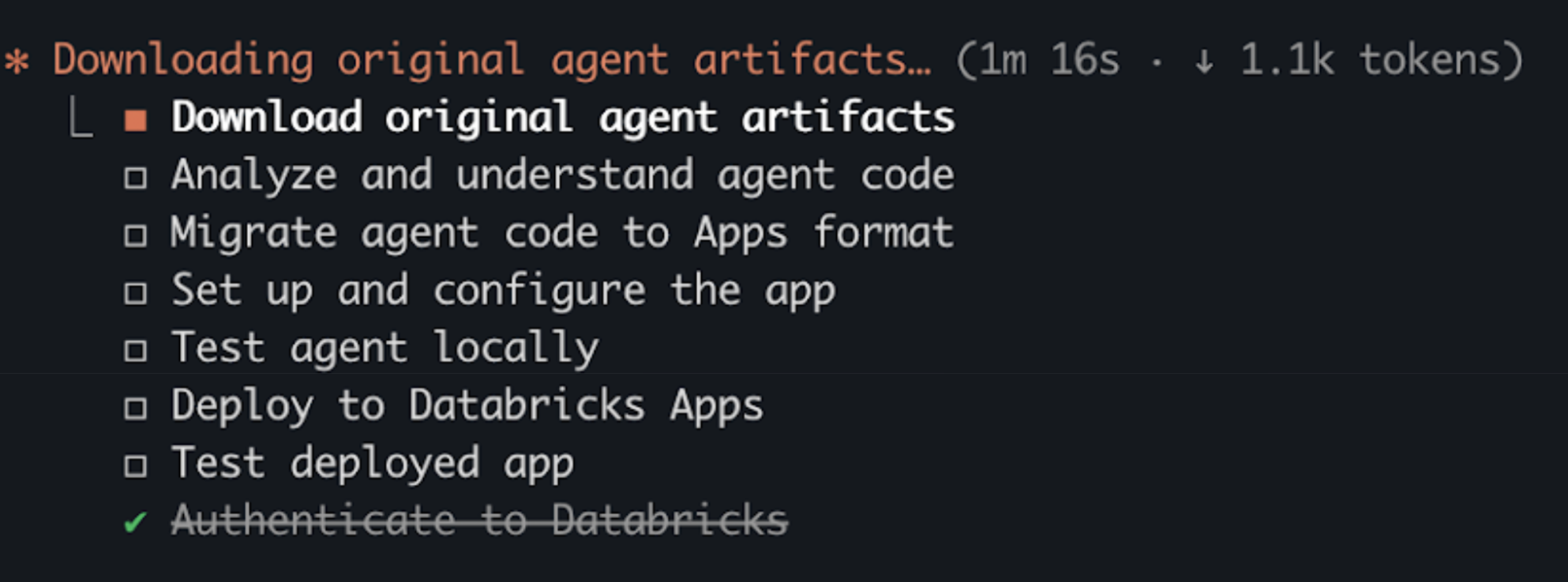 Screenshot of an AI coding assistant displaying a step-by-step TODO list for migrating an agent from Model Serving to Databricks Apps.