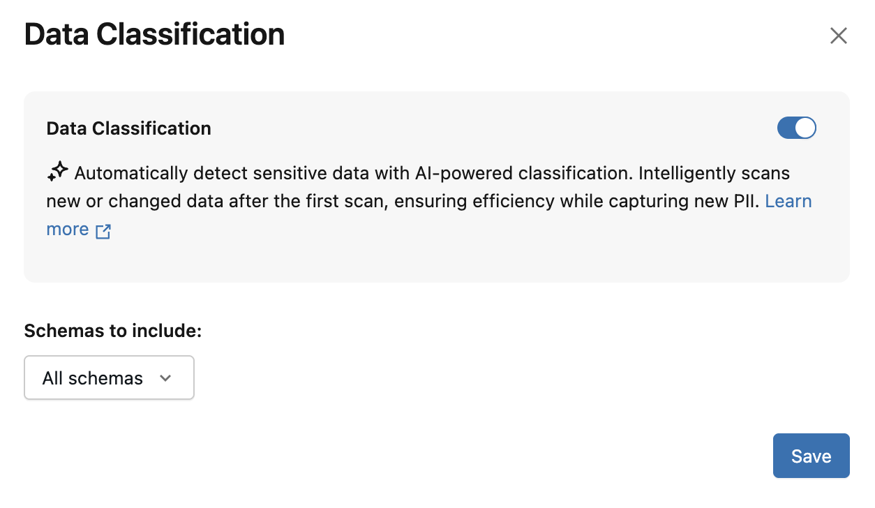 Settings modal for Data Classification.
