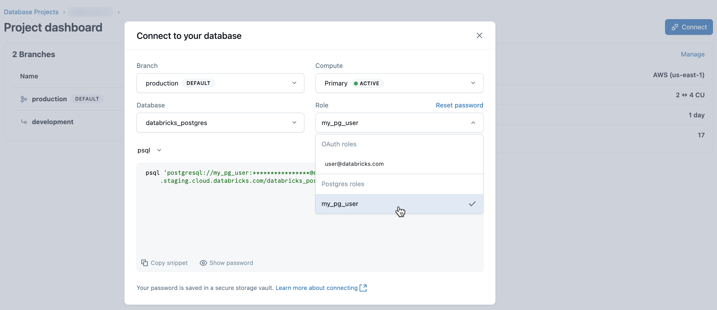 Postgres role connection dialog