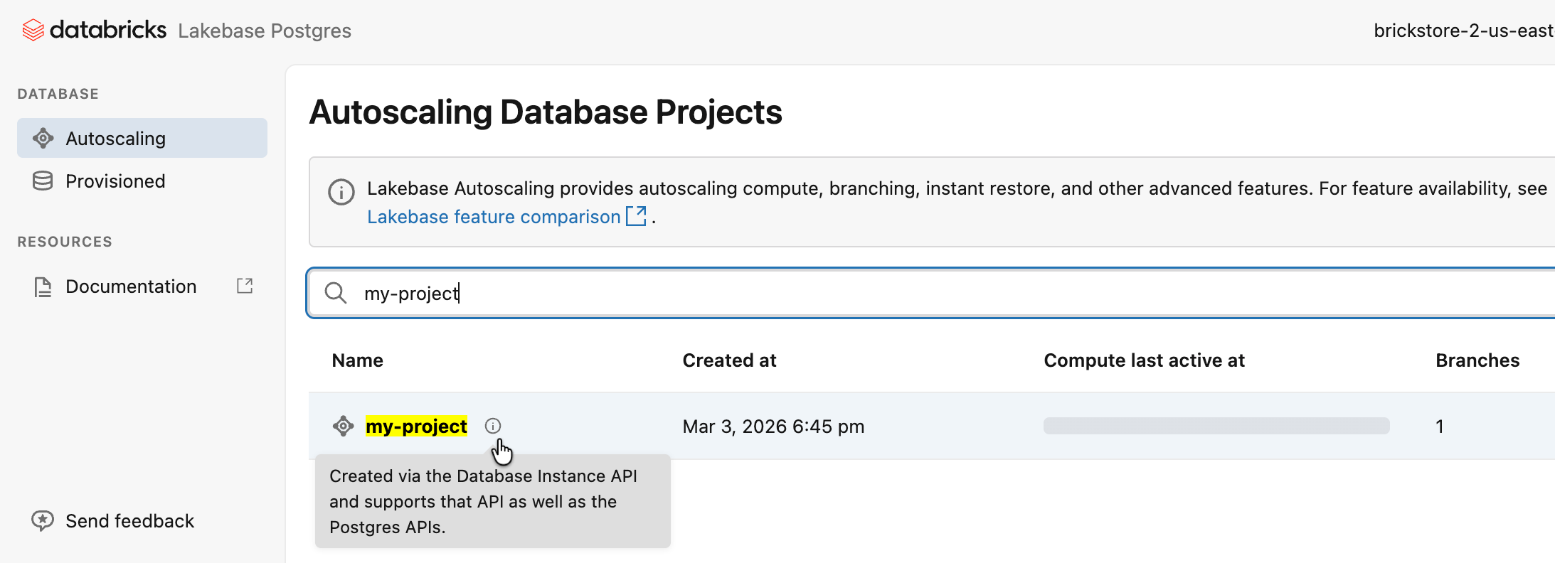 Database instance projects on the Autoscaling page