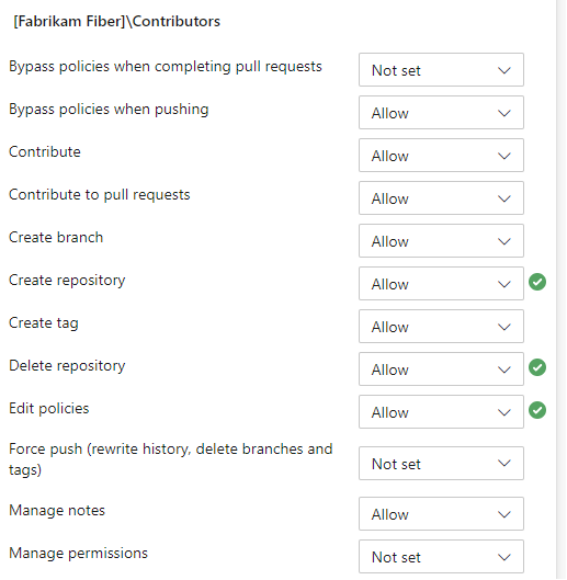 Screenshot that shows three permissions changed for the Contributors group.
