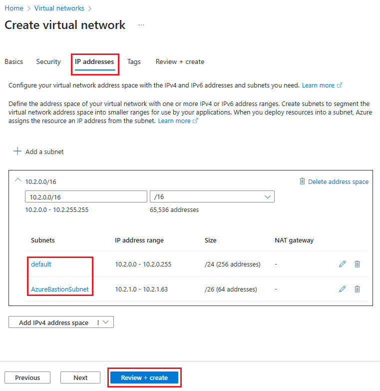Screenshot that shows creating the AzureBastionSubnet subnet.